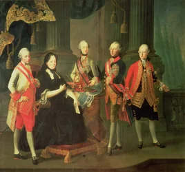 Keizerin Maria Theresia van Oostenrijk met vier van haar zonen; (LtoR) Joseph, Ferdinand, Leopold en Maximiliaan